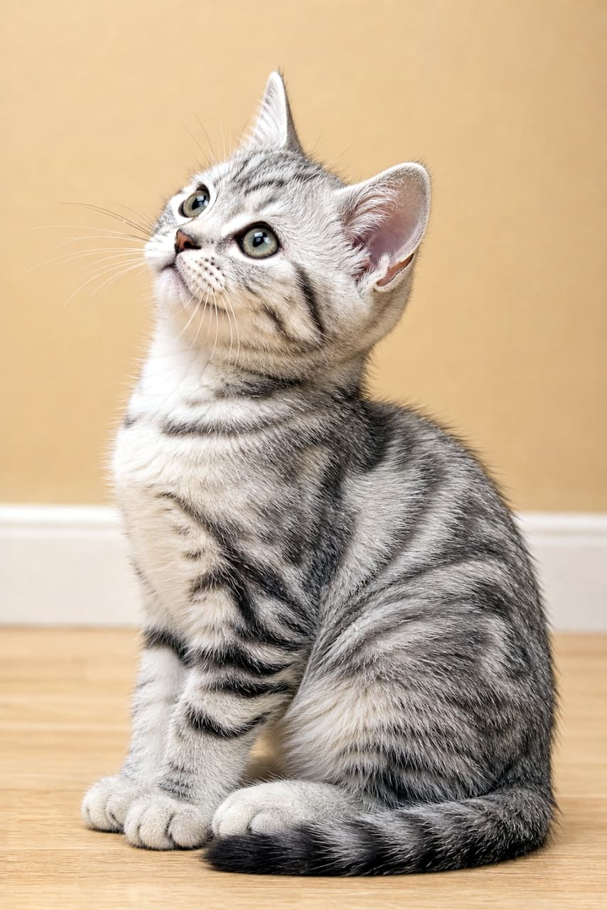 「🐾「上になにがあるにゃ？」✨ キラキラお目々で見上げるシルバータビーの子猫ちゃん🐈💕 この可愛い横顔にキュンとしたら「❤️」で教えてね👇✨ #スコティッシュストレート #シルバータビー #子猫」Ultra-realistic high-quality photograph of a single small silver tabby Scottish Straight kitten sitting indoors. The kitten is seen in profile, looking upward with a bright, curious expression and pale green eyes. Features crisp realistic fur details, a slightly curved mouth, and prominently visible ears, set against a simple beige wall and wooden floor illuminated by soft, warm indoor lighting. 柔らかな室内の暖光に照らされた、シルバータビー（銀縞）のスコティッシュストレート（立ち耳のスコティッシュフォールド）の子猫の横顔の高画質写真。ピンと立った片耳と、口角がわずかに上がった微笑むような愛らしい表情が特徴的。美しい被毛の質感やはっきりとした縞模様、好奇心に満ちた淡いグリーンの瞳が、シンプルなベージュの壁と木目の床に対して鮮明に浮かび上がっている