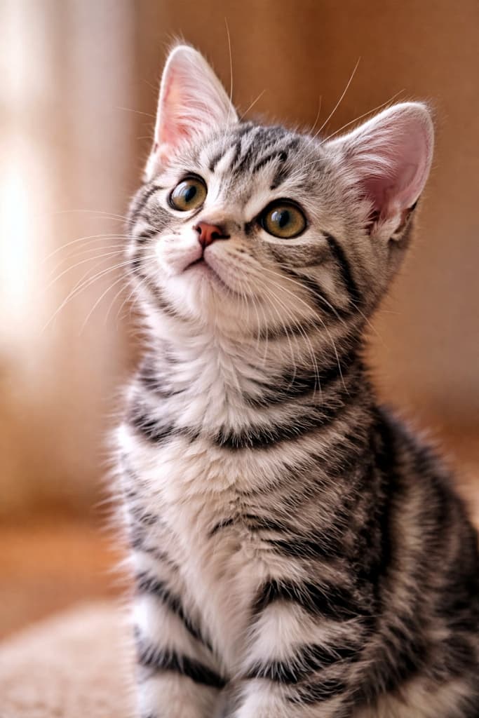 Silver tabby American Shorthair kitten sitting indoors, looking upward with a bright and curious expression. One ear stands tall in sharp focus, showing detailed fur texture under soft warm indoor lighting.　室内で座り、明るく好奇心に満ちた表情で上を見上げるシルバータビーのアメリカンショートヘアの子猫。片方の耳がはっきりと立ち、柔らかな暖色の室内光の中で毛並みの質感が美しく描写されている