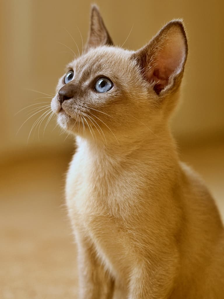 「きらきらの瞳で未来を見つめる、プラチナミンクの小さな冒険家！」A small Tonkinese kitten, Platinum Mink, sits indoors under warm light, gazing upward with a curious expression. One ear stands tall in sharp focus, the other naturally visible. The kitten’s mouth curves slightly upward, giving a soft, attentive look. Its full side profile and upper body are clearly shown against a simple, unobtrusive background. 室内で柔らかな暖色の光に包まれたプラチナミンクのトンキニーズ子猫が、好奇心いっぱいに上を見上げています。片方の耳はくっきりと立ち、もう片方も自然に見えています。口元はわずかに上がり、柔らかく注意深い表情をしています。横顔と上半身が背景に遮られることなく鮮明に描かれています