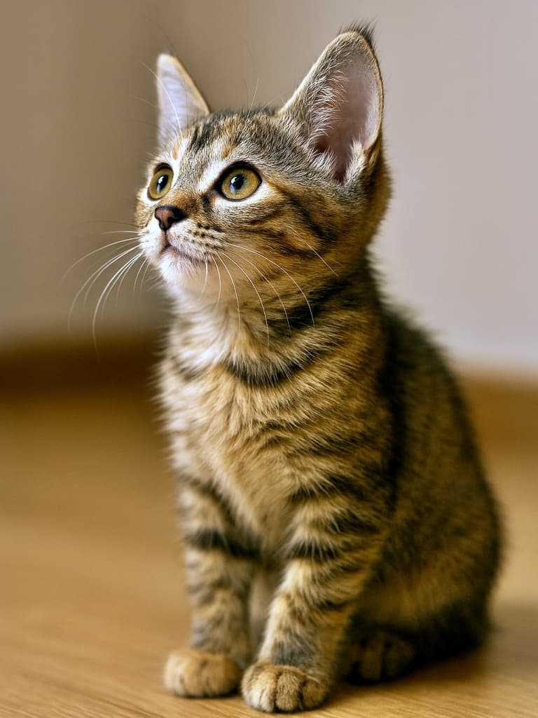 A small Siberian Torbie (Tortoiseshell Tabby) kitten sits indoors, gazing upward with a bright, curious expression. One ear stands tall in crisp focus while the other is naturally visible. The kitten’s mouth curves gently upward, giving a soft, attentive look. The full side profile of its head and upper body is clearly shown, with realistic fur texture illuminated by warm indoor light against a simple, unobtrusive background. 室内で座る小さなシベリアンのトービー（サビ柄タビー）子猫が、明るく好奇心に満ちた表情で上を見上げています。片方の耳はピンと立ち鮮明に映り、もう片方も自然に見えています。口元はやや上向きにカーブし、柔らかく注意深い印象を与えます。頭部と上半身の横顔がはっきりと描かれ、温かい室内光に照らされたリアルな毛並みが、シンプルで邪魔のない背景に映えています