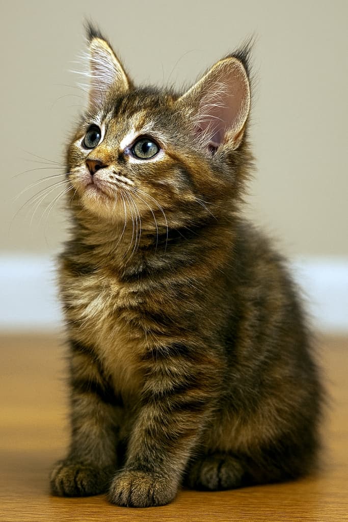 Side profile of a small Torbie Maine Coon kitten sitting indoors, gazing upward with one ear tall and alert, soft warm lighting highlighting its fluffy fur. 屋内で座り、上を見上げるトービー柄の小さなメインクーン子猫の横顔。片耳がピンと立ち、柔らかな室内光がふわふわの毛並みを照らしている