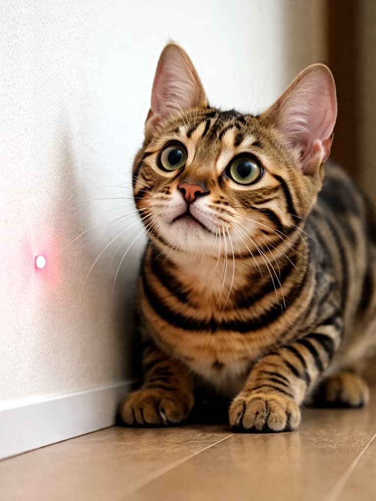A mischievous Bengal kitten with bright, focused eyes and fully erect ears, tracking a red laser pointer dot moving across a wall. 壁を動く赤いレーザーポインターの光を、輝く目とピンと立った耳で追いかける、いたずら好きなベンガルの子猫