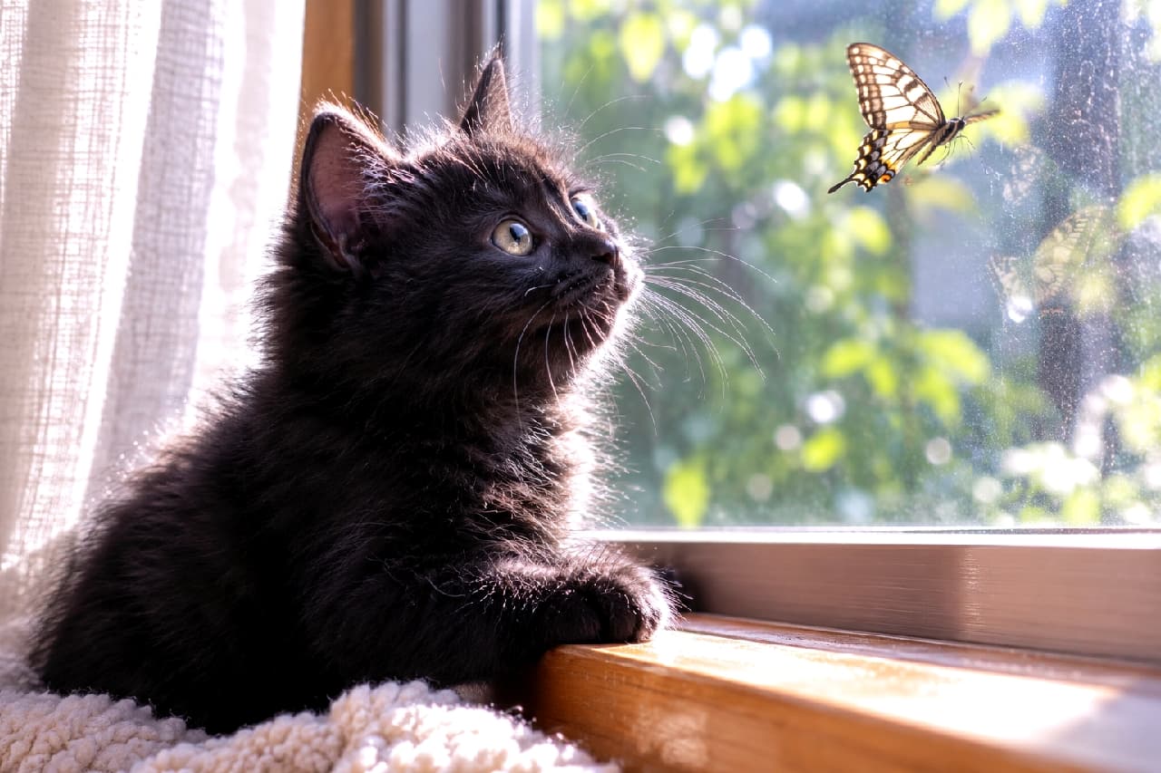 「窓の外のお客さんに夢中🦋🌿 光を浴びてふわふわな黒猫ちゃん、まるで絵本の世界みたい🐈⬛✨ #黒猫 #窓辺の猫 #猫のいる幸せ #子猫の好奇心」Ultra-realistic high-quality photograph of a fluffy black kitten sitting by a sunlit window, looking up at a swallowtail butterfly outside. The backlit fuzz on its perked ears, glowing hazel-green eyes, and background bokeh of green leaves create a magical scene. 柔らかな逆光が差し込む窓辺に座り、窓枠の外を舞うキアゲハ蝶を見上げる長毛の黒猫の子猫。光に透ける耳の産毛、輝くヘーゼルグリーンの瞳、背景の木漏れ日と緑が、幻想的で絵本のような美しい情景を描き出しています