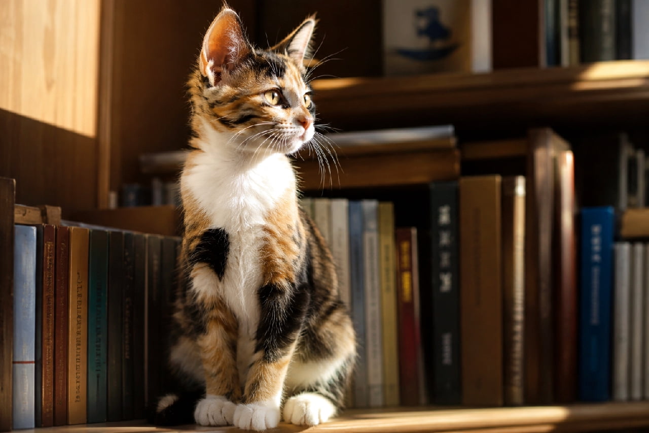 「本棚の妖精さん現る🧚♀️📚 ぽかぽか陽だまりの中で、なんだか得意げな三毛猫ちゃん🐈🐾 #三毛猫 #猫とインテリア #猫のいる幸せ #子猫の好奇心」Ultra-realistic high-quality photograph of a beautiful calico kitten sitting on a wooden bookshelf lined with antique books. Warm, strong diagonal sunlight illuminates its chest and face, highlighting its large perked ears and intelligent profile. アンティークな洋書が並ぶ本棚の前に座る、美しい柄の三毛猫(キャリコ)の子猫。強い斜光が顔の右半分と白い胸元を照らし、ピンと立った大きな耳、知性を感じる横顔のシルエットをドラマチックに浮かび上がらせています