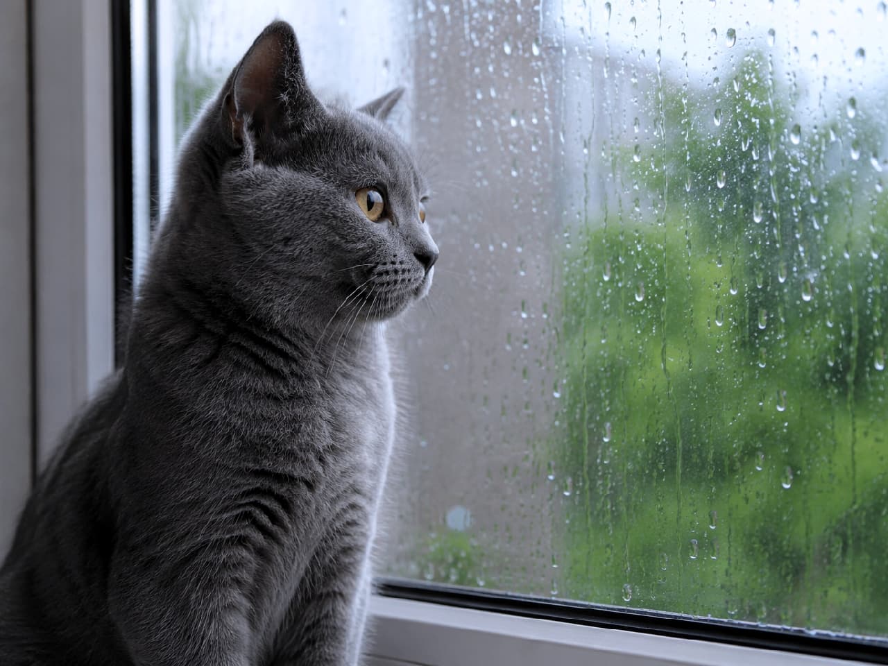 「雨の日はお家でまったり過ごそうね☕ 雨粒を見つめる横顔が、なんだか少し大人っぽいブルーのシャルトリューちゃん🌧️🐈 #シャルトリュー #雨の日の過ごし方 #猫のいる暮らし #子猫のいる生活 #猫のいる幸せ #子猫の好奇心」Ultra-realistic high-quality photograph of a beautiful Chartreux kitten sitting by a window covered in raindrops, looking out pensively. Its perked small ears, dense velvety coat, and amber eyes blend beautifully with the moody light and green background of a rainy day. 水滴がたくさんついた窓ガラスのそばに座り、物憂げに外を見つめる美しいシャルトリューの子猫。ピンと立った小さめの耳、密集したビロードのような被毛、琥珀色の瞳が、雨の日の薄暗く静かな光と背景の緑に美しく溶け込んでいます