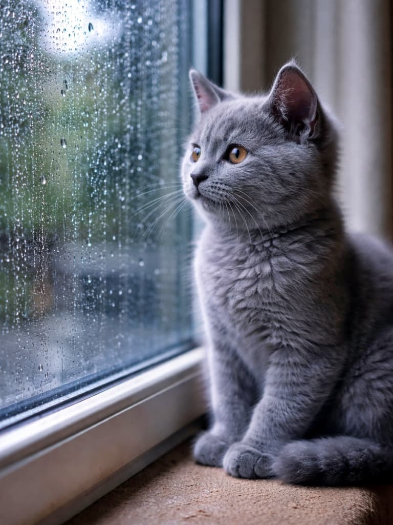 A photorealistic Chartreux kitten with a dense blue-grey coat sits by a window, quietly watching raindrops fall on the glass, its amber eyes focused and ears alert. 青みがかった密な被毛を持つチャルトリューの子猫が窓辺に座り、ガラスに落ちる雨粒をじっと見つめている様子。警戒心のある耳と集中した表情が印象的なリアル写真風の一枚