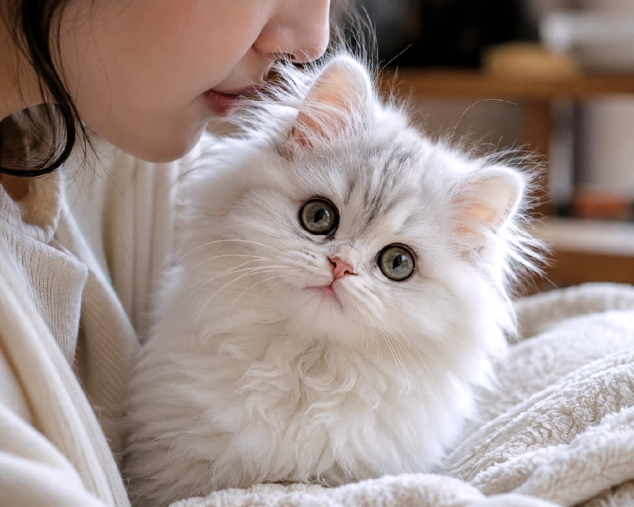 「大好きのギュッ👩❤️💋👨💕 もっふもふの被毛とくりくりのオメメに、心から癒やされる至福の時間✨ #ペルシャ猫 #猫のいる暮らし #子猫のいる生活 #猫のいる幸せ」Ultra-realistic high-quality photograph of a fluffy Chinchilla Silver Persian kitten sharing a tender moment, nuzzling against its owner's face. Showcasing its cotton-like fur, tiny perked ears, and large round green eyes with distinct eyeliner-like markings. 飼い主の顔に優しく頭をすり寄せる、チンチラシルバー(ペルシャ)の子猫。綿毛のようにふわふわの白い被毛、小さなピンと立った耳、アイラインを引いたような大きな丸いグリーンの瞳が、愛情あふれる親密な時間を映し出しています
