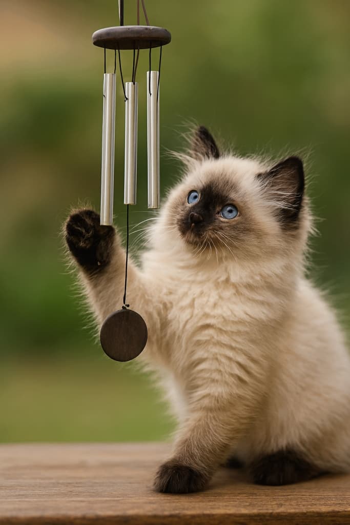 「ふわふわヒマラヤン子猫、風鈴にタッチ！かわいさ全開の冬のワンシーン✨」photorealistic Himalayan kitten with cream coat and dark colorpoint ears, batting at silver wind chime outdoors, fluffy upright ears, long fur glowing in soft natural light. 写実的なヒマラヤン子猫、クリーム色の毛並みにダークなポイントカラーの耳、屋外で銀色の風鈴にじゃれつき、ふわふわの立ち耳と柔らかな自然光に輝く長毛