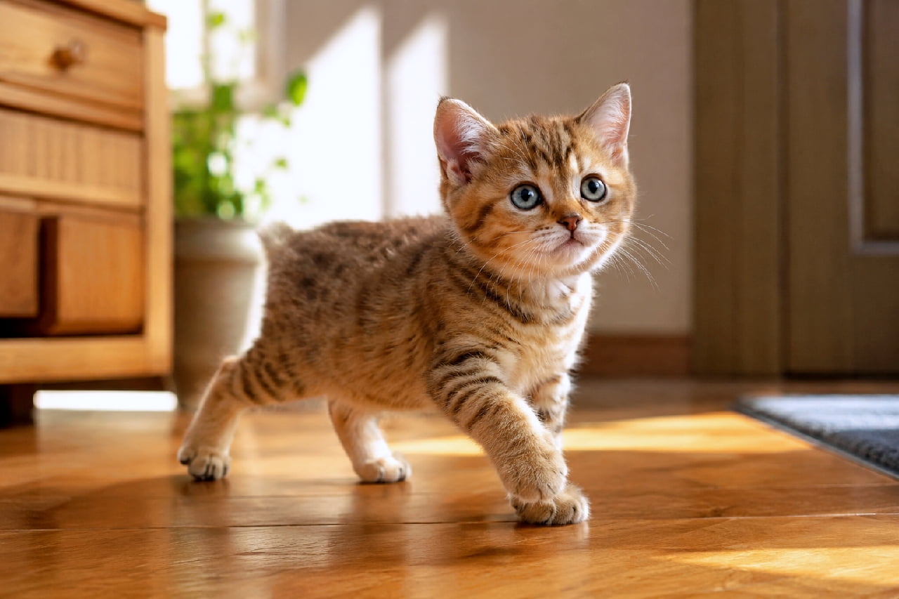 「短いおててで力強くトコトコ🐾💨 日差しを浴びて輝く茶トラ柄が最高にキュートなマンクスちゃん🐈🧡 #マンクス #子猫の歩み #猫のいる暮らし #子猫のいる生活 #猫のいる幸せ #子猫の好奇心」Ultra-realistic high-quality photograph of a short-legged joyful Manx kitten walking confidently across a shiny hardwood floor in bright sunlight. Its perked ears, blue-grey eyes looking forward, and beautifully illuminated classic tabby patterns bring life to this warm indoor scene. 強い日差しが差し込むピカピカのフローリングを、力強く歩く短足の元気なマンクス子猫。前方をしっかりと見据えるブルーグレーの瞳、ピンと立った耳、光を浴びて輝く美しい縞模様が、温かみのある室内描写とともに生き生きと表現されています