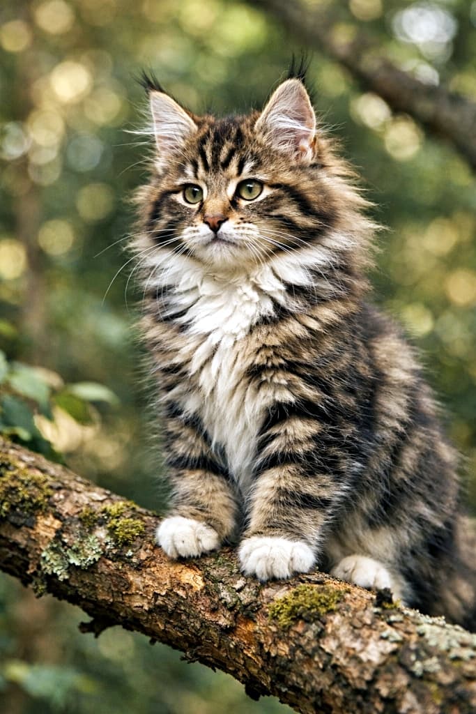 A confident Norwegian Forest Cat kitten with a thick double coat and lynx-tipped ears, perched on a tree branch and surveying its surroundings like a miniature wildcat. 太いダブルコートとリンクスティップのある大きな耳を持つノルウェージャンフォレストキャットの子猫が、木の枝にとまり、小さな野生猫のように周囲を見渡している