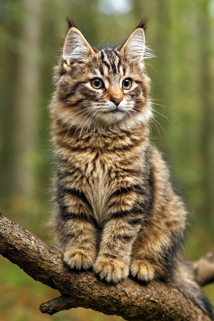 「小さな野生の王者！枝の上から世界を見渡すノルウェージャンフォレストキャットの子猫」photorealistic norwegian forest cat kitten with thick double coat and lynx-tipped ears perched on a branch, surveying surroundings like a miniature wildcat, high resolution 写実的なノルウェージャンフォレストキャットの子猫。厚いダブルコートとリンクスティップ付きの大きな耳を持ち、枝にとまり小さな野生猫のように周囲を見渡している高解像度画像
