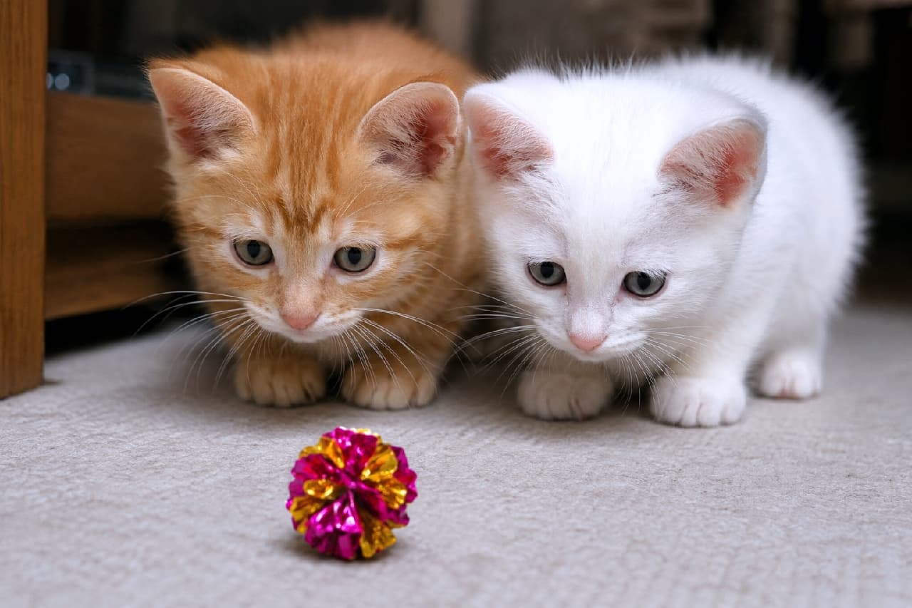 「2匹揃って同じポーズ!👯♀️✨ キラキラのおもちゃが気になって仕方ない仲良しコンビ🐈🐈 #多頭飼い #猫のいる幸せ #子猫の好奇心」Ultra-realistic high-quality photograph of two cute kittens, an orange tabby and a solid white, sitting closely on a carpet and staring intently at a shiny red and gold crinkle ball with their ears perked forward. カーペットの上で、赤と金色のキラキラ光るおもちゃのボールを仲良く見つめる2匹の子猫。左は茶トラ、右は真っ白な白猫で、両者とも耳をピンと前に向け、集中したあどけない表情を浮かべています