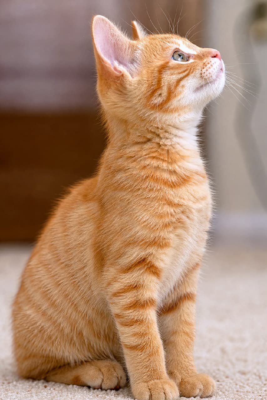 「何を見ているの?👀✨ピンと立ったお耳と真剣な横顔がたまらない茶トラちゃん🐈🧡 #猫好きさんと繋がりたい #子猫」Ultra-realistic high-quality photograph of an orange tabby kitten sitting on a beige carpet, looking up with perked ears, featuring beautiful orange stripes, curious emerald green eyes, and soft natural light highlighting its fluffy coat. 淡いベージュのカーペットにお座りし、ピンと立てた耳で上をじっと見上げる茶トラの子猫。美しいオレンジの縞模様、好奇心旺盛なエメラルドグリーンの瞳、柔らかな自然光が被毛の質感をふんわりと際立たせています