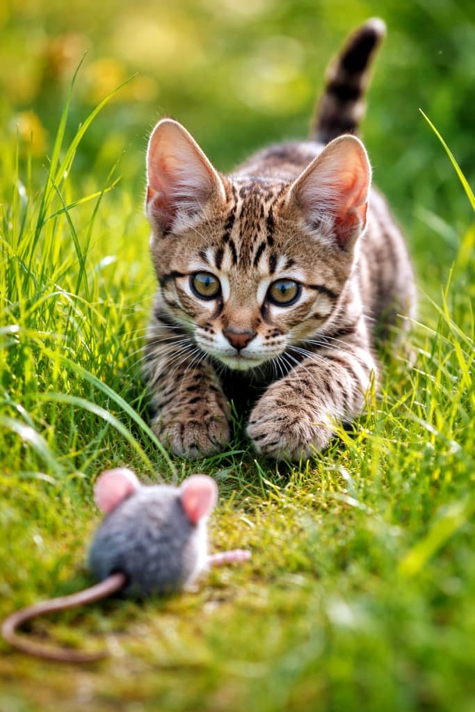 A curious Savannah kitten with a spotted coat and tall erect ears stalking a toy mouse through tall green grass, captured in a photorealistic high-resolution style. 斑点模様の被毛と高く立った耳を持つサバンナの子猫が、背の高い草むらの中でおもちゃのネズミを狙って忍び寄る様子を写した高解像度のフォトリアルな写真