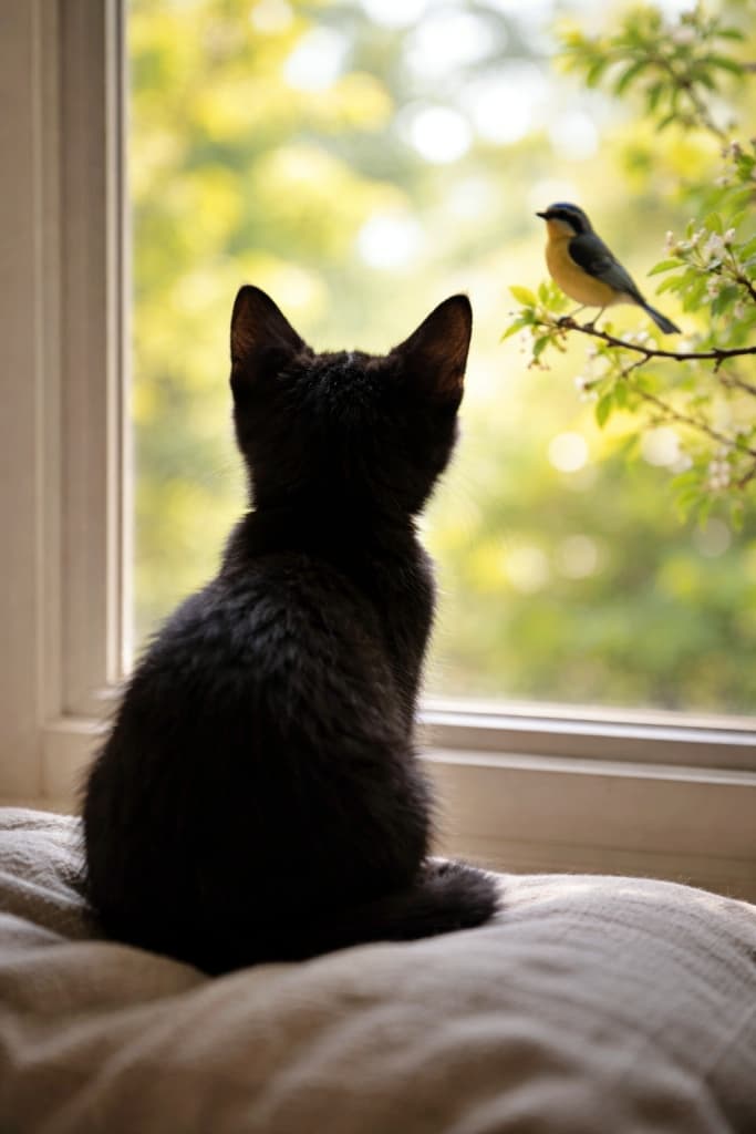 A sleek black kitten sits in silhouette by a bright window, its sharply defined ears angled toward a small bird chirping outside. 明るい窓辺でシルエットになった黒い子猫が座り、外でさえずる小鳥に向かって、くっきりと立った耳を傾けている様子