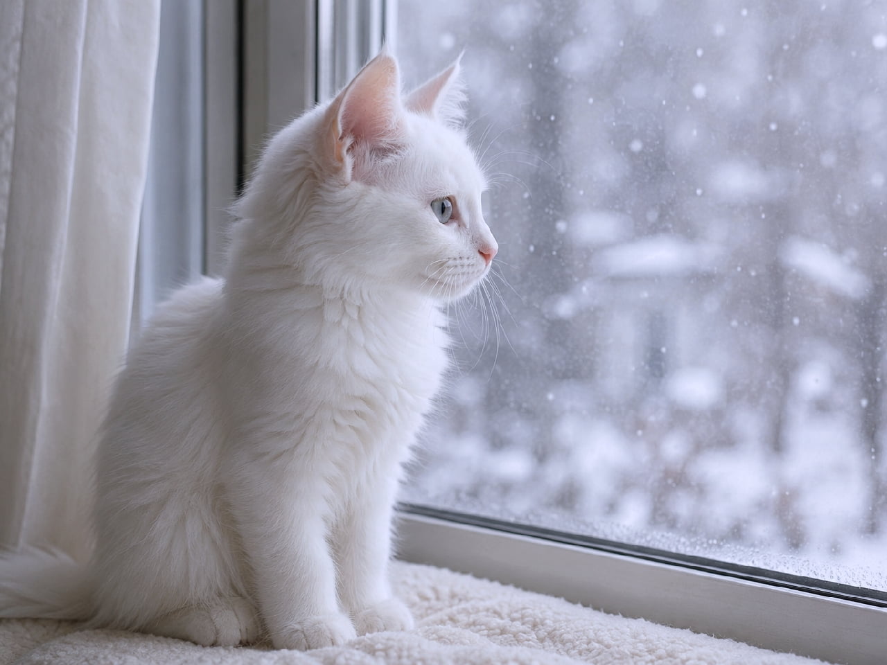 「初めて見る雪にドキドキ…❄️ まっしろでフワフワな雪の妖精さんが窓辺に舞い降りたみたい👼🤍 #ターキッシュアンゴラ #冬の訪れ #猫のいる暮らし #子猫のいる生活 #猫のいる幸せ #子猫の好奇心」Ultra-realistic high-quality photograph of a Turkish Angora kitten sitting on a warm window mat, quietly watching the falling snow through the glass. Its perked ears, pale blue eyes, and snowy fur beautifully blend with the monochrome winter scenery outside, creating a serene and magical mood. 窓辺の温かなマットの上に座り、ガラス越しに降る雪を静かに見つめる純白のターキッシュアンゴラの子猫。ピンと立てた耳、淡いブルーの瞳、ふんわりとした白い被毛が、窓の外のモノクロームな冬の景色と美しく溶け合い、幻想的で静謐な空気を纏っています
