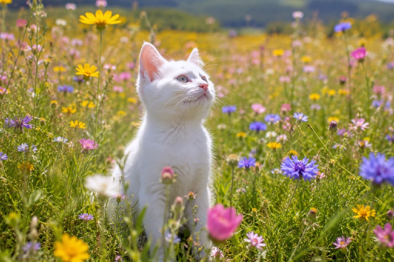 「お花畑の小さな天使発見👼🌸 お外の匂い、気持ちいいね〜!真っ白な毛並みがまぶしいです✨ #白猫 #お花と猫 #子猫のいる生活 #猫のいる幸せ #子猫の好奇心」Ultra-realistic high-quality photograph of a pure white kitten sitting in a vibrant field of wildflowers, looking up at the sky. Its perked pink ears, pale blue eyes, and snowy fur beautifully contrast with the colorful yellow and purple blossoms. 色とりどりの野花が咲き乱れる草原で、太陽の光を浴びて空を見上げる純白の子猫。ピンと張った薄ピンク色の耳、透き通るような淡いブルーの瞳、ピンクの鼻先が、鮮やかな黄色や紫の花々と美しいコントラストを描いています