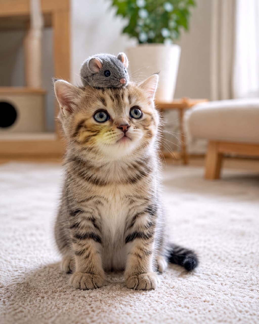「乗せられてることに気付いてない…?🐁 無の境地のお顔がシュールでたまりません🧘♀️✨ #猫のおもちゃ #シュールな猫 #子猫のいる生活」Ultra-realistic high-quality photograph of an adorable American Shorthair-style tabby kitten sitting perfectly still on a beige rug, with a grey toy mouse balanced neatly on its head. The kitten looks up slightly with large blue-green eyes, set in a bright, stylishly decorated living room with a cat tree and plants. ベージュの柔らかいラグの上にちょこんと行儀よくお座りをする、美しい被毛のキジトラ(アメリカンショートヘア系)の子猫。その頭の上にはグレーのネズミのおもちゃが絶妙なバランスで乗せられており、子猫は少し上目遣いで澄ました表情をしています。背後にはキャットタワーや観葉植物が配置された、明るくお洒落なリビングルームが広がっています