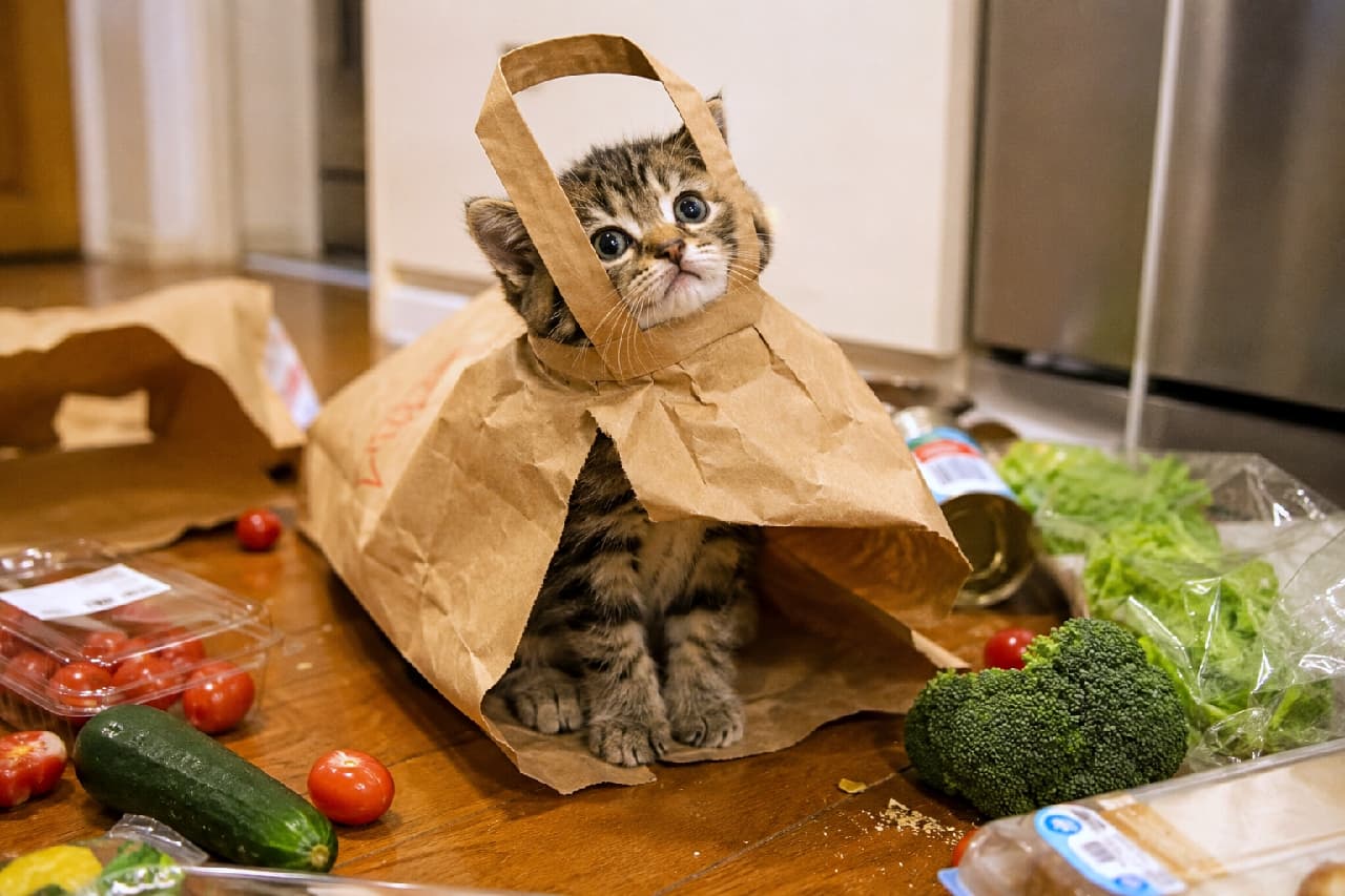 「買い物袋から「きょとん」お顔の子猫ちゃん🛍️🌿 一緒にお買い物してきたの?😆 #猫と買い物袋 #子猫のきょとん #子猫の日常 #子猫のいる生活」Ultra-realistic high-quality photograph of a short-haired tabby and white kitten inside a brown paper shopping bag, with its handles around its neck. It looks directly at the camera with a confused, round-eyed expression. The kitten is surrounded by fresh groceries on a wooden floor, including cherry tomatoes, broccoli, zucchini, lettuce, and food cans, in a warmly lit home environment. キジトラ白(ブラウンタビー&ホワイト)の短毛種の子猫が、木製の床に置かれた茶色の紙製の買い物袋に入り、袋の取っ手を首にかけ、中から丸い瞳できょとんとした表情でカメラを見つめている、クローズアップショット。周囲には、買い物帰りの野菜(ミニトマト、ブロッコリー、ズッキーニ、サニーレタス)や缶詰が置かれ、生活感のある室内光に包まれている