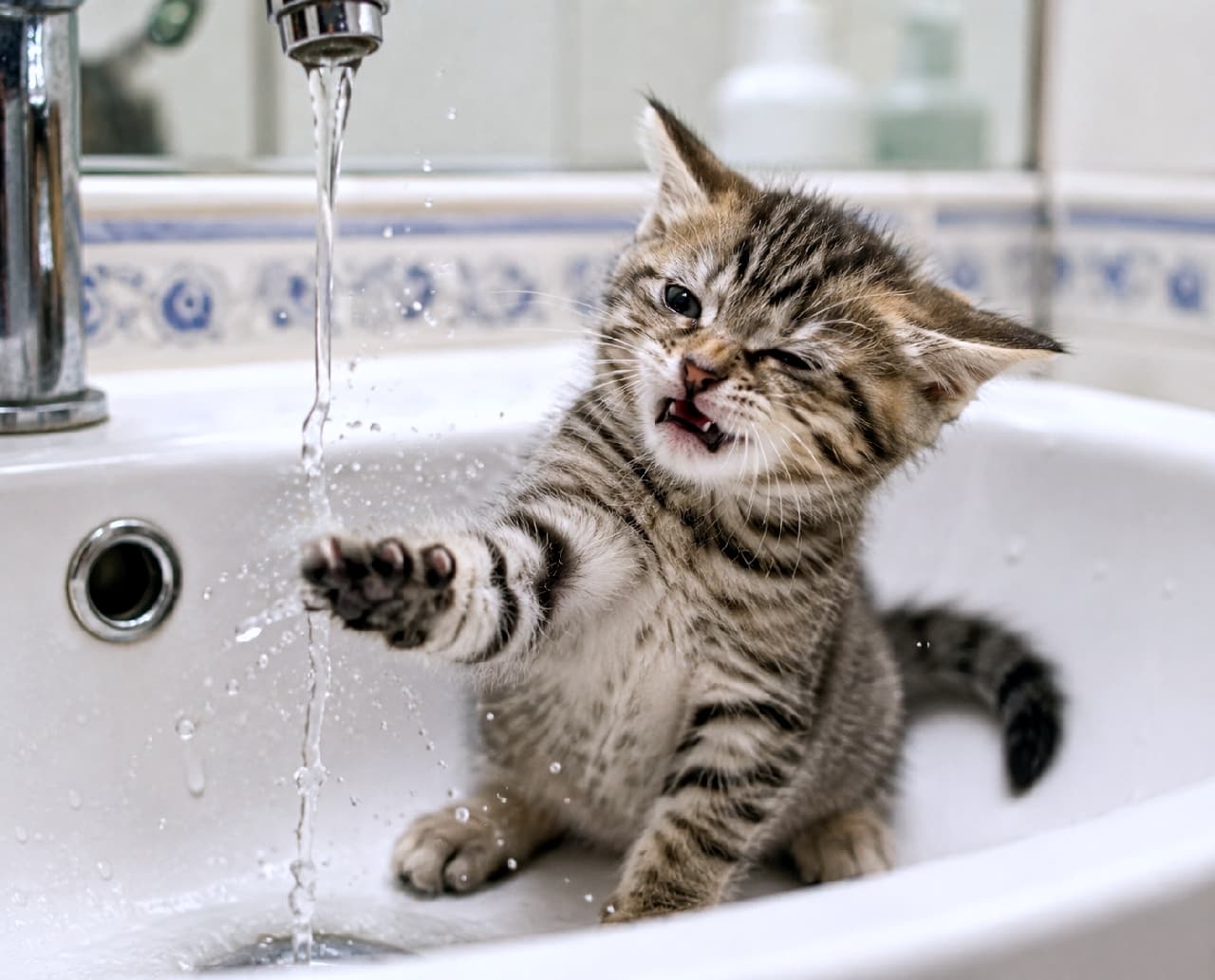 「ちょいちょいっ🐾 「この透明なヒモ、なんだニャ?」と不思議そうにお水を触るお顔がたまりません🥺✨ 恐る恐るな手が可愛すぎます💖 #好奇心旺盛 #はじめての体験 #水遊び猫 #ネコパンチ #子猫のいる生活」Ultra-realistic high-quality photograph of a curious short-haired tabby kitten in a bathroom with blue-patterned vintage tiles, cautiously reaching its right paw to touch running water from a metal faucet. Its adorable expression—one eye slightly squinted, ears pulled back, and mouth gently open in wonder—beautifully captures a quiet moment of feline curiosity. 青い模様が入ったアンティーク調のタイルの洗面台で、流れる水に恐る恐る右前足を伸ばすキジトラの短毛種の子猫。片目を少し細め、耳を少し後ろに引きながら「これは何ニャ?」と不思議そうに口を開ける、好奇心と警戒心が入り混じった繊細な表情が愛らしい一枚。柔らかな光が子猫の美しい縞模様を照らし出しています