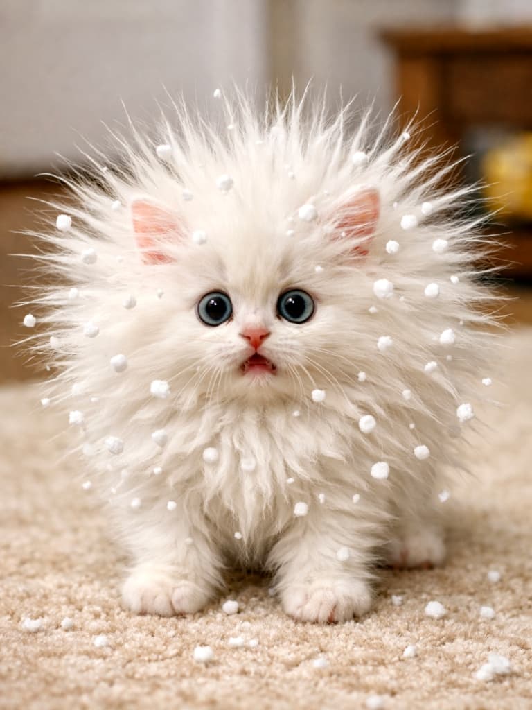 A fluffy white kitten standing on a carpet with static electricity making its fur stand up like a dandelion, styrofoam bits stuck to its fur, and a shocked, wide-eyed expression in a humorous scene. カーペットの上に立つ白くてふわふわの子猫。静電気で毛がタンポポのように逆立ち、発泡スチロールの粒が毛に付いた、驚いた表情が可愛いユーモラスなシーン