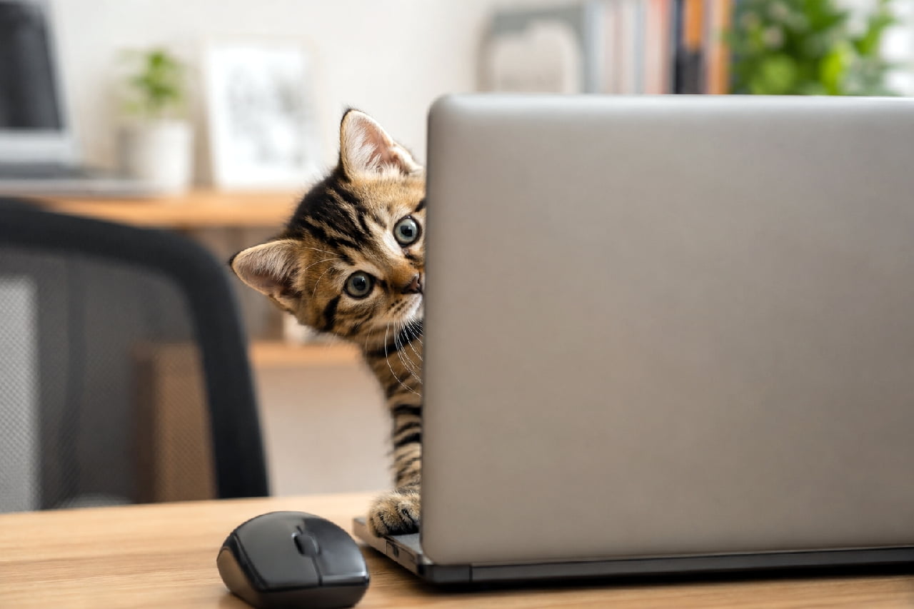 「「ねえねえ、まだお仕事にゃの?」🥺 PCの陰からのひょっこりアピール、これは反則級の可愛さです💘 #テレワーク猫 #かまってちゃん #子猫のいる生活」Ultra-realistic high-quality photograph of an adorable short-haired brown tabby kitten peeking its head out from behind a silver laptop screen on a wooden desk. Its big, clear hazel-green eyes are looking directly at the viewer, with one small paw resting on the laptop edge next to a black mouse, set in a blurred home office environment. 木製のデスクに置かれたシルバーのノートパソコンの画面横から、ひょっこりと顔を出すキジトラ(ブラウンタビー)の短毛種の子猫。透き通るようなヘーゼルグリーンの大きな丸い瞳でこちらを見つめ、PCの端にちょこんと添えられた小さな前足が愛らしいです。黒いマウスや、ぼけた背景のオフィスチェアがリモートワークの情景を感じさせます
