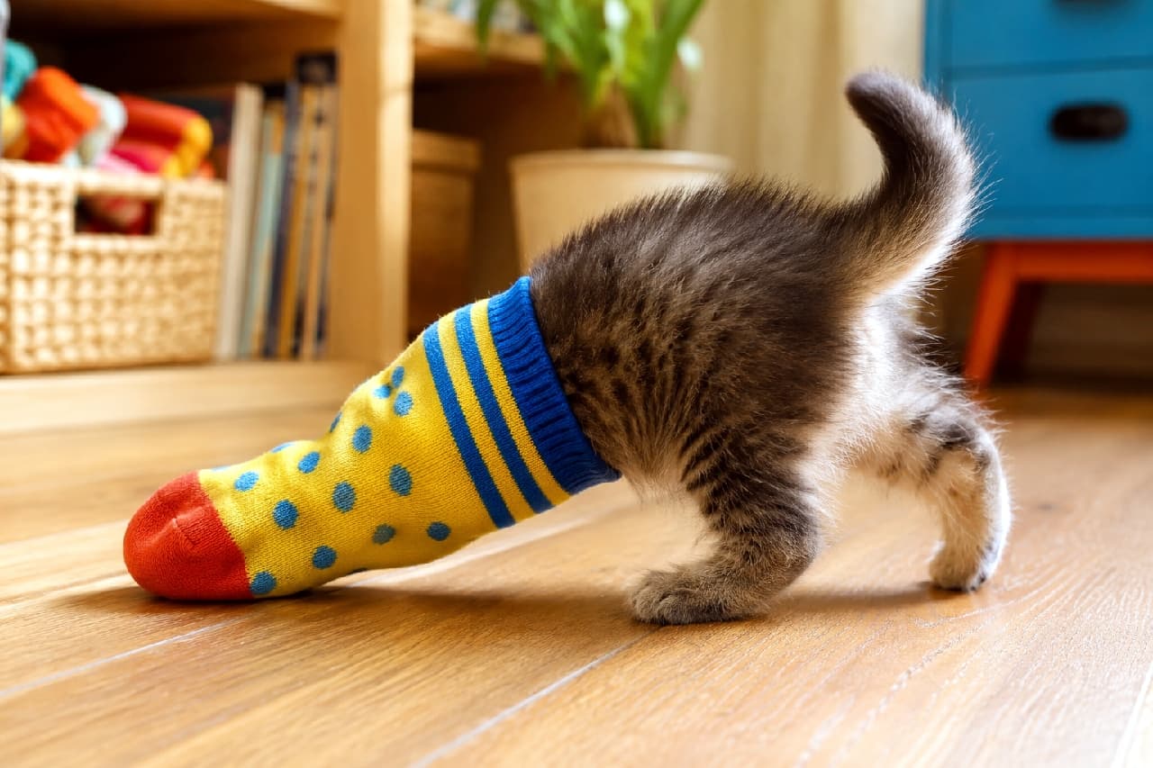 「そこに穴があったからニャ🐾 カラフル靴下のモンスターに変身しちゃったお尻がたまらん😍 #かくれんぼ猫 #猫のお尻 #子猫のいる生活」Ultra-realistic high-quality photograph of a short-haired brown tabby kitten with its head and front body fully stuck inside a bright yellow, blue-polka-dotted sock with a red toe. The kitten's striped hind legs and upright tail are visible on a wooden floor, with a softly blurred, cozy living room background featuring a bookshelf, plant, and blue cabinet. 木目の美しいフローリングの床で、黄色地に青の水玉模様と赤いヒールが特徴的なポップな靴下に、頭からすっぽり潜り込んでしまったキジトラ(ブラウンタビー)の短毛種の子猫。ピンと立てた短い尻尾と、踏ん張る後ろ足の愛らしいフォルムが強調されています。背後には本棚や観葉植物、青いチェストがある温かなリビング空間が広がっています