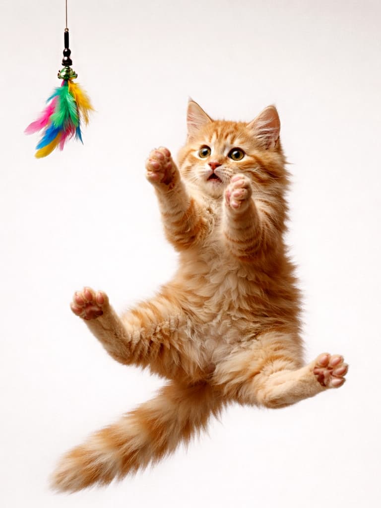 A fluffy orange kitten jumping in mid-air to catch a toy but missing completely, paws clapping empty air with legs spread wide, surprised eyes showing the realization of failure, isolated on a plain background. おもちゃを捕まえようとしてジャンプしたものの完全に空振りし、足を大きく広げて空中で手を叩くようなポーズになった茶トラの子猫。失敗に気づいた驚きの表情が印象的な一瞬