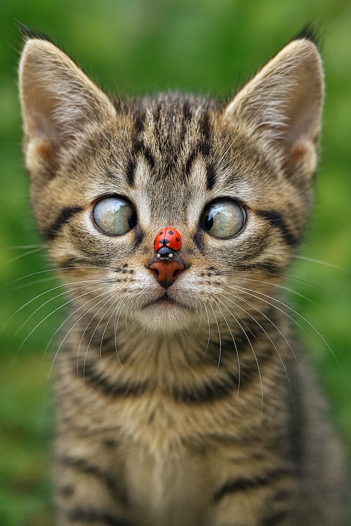 「てんとう虫に全集中!寄り目になっちゃうほど真剣な子猫の顔がかわいすぎる!」A close-up macro photo of a tabby kitten with crossed eyes staring at a red ladybug perched on the tip of its nose, blurred green garden background. マクロ写真。タビー柄の子猫が鼻先に止まった赤いてんとう虫を凝視し、寄り目になっている。背景は緑の庭でぼかされている
