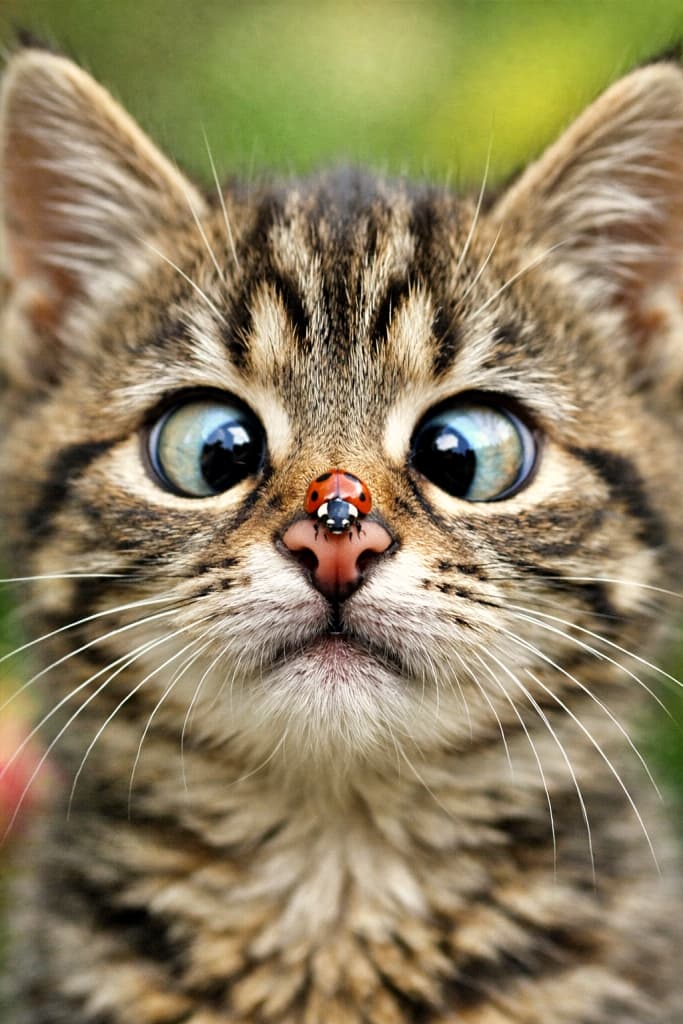A close-up macro photograph of a kitten staring cross-eyed at a red ladybug perched on the tip of its nose, showing a funny and intensely focused expression against a softly blurred garden background. 鼻の先にとまった赤いてんとう虫を見つめようとして寄り目になっている子猫のマクロ接写写真。背景はぼかされた庭で、真剣でコミカルな表情が印象的