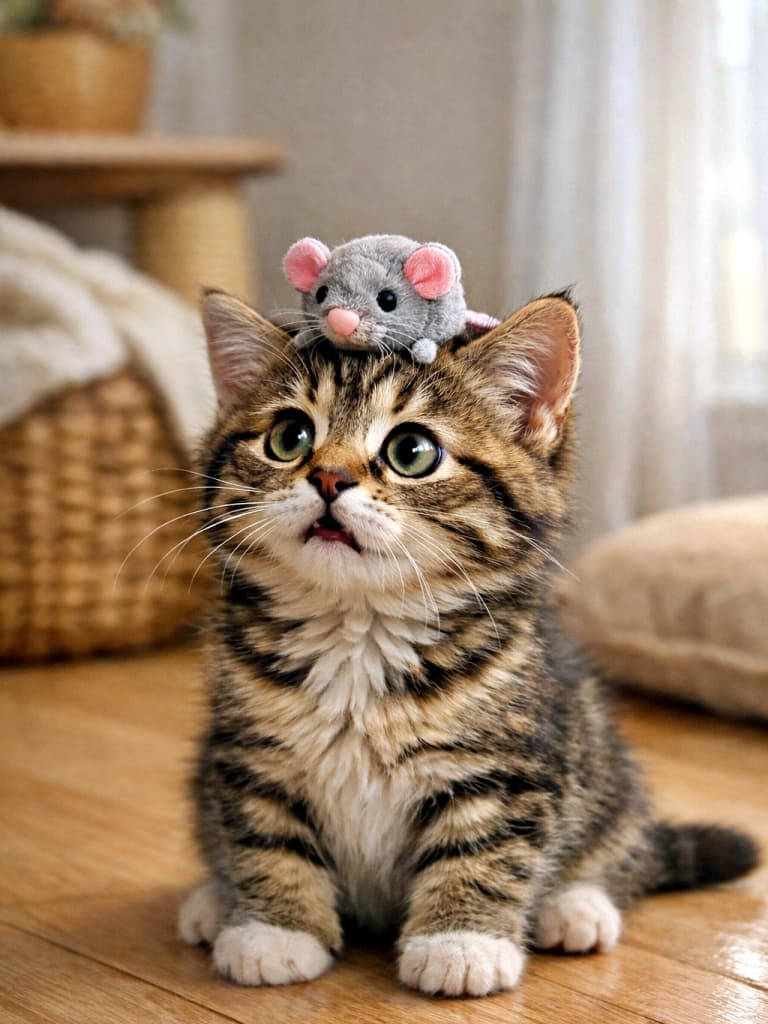 A confused kitten sitting on the floor, looking around for its toy while a small toy mouse is balanced on top of its head in a cozy, sunlit room. 床に座った子猫が、おもちゃを探してきょろきょろしているが、実はネズミのおもちゃが頭の上に乗っている、やさしい日差しの差し込む室内のユーモラスな場面