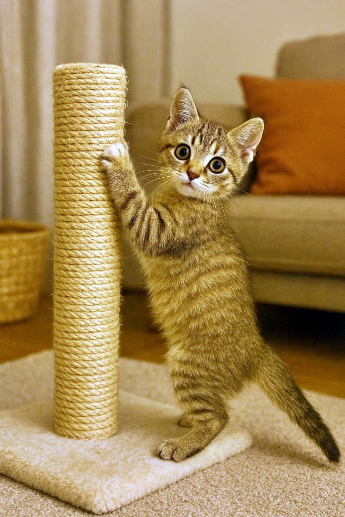 「えっ?見てたの?スクラッチ中断のドキッ顔がたまらない!」A light brown tabby kitten with white paws pauses mid-scratch on a sisal post, wide amber eyes glancing back at the camera in a funny, awkward posture inside a warm, cozy living room. 白い足先の茶トラ子猫が爪とぎポールでスクラッチを止め、カメラを振り返る大きな瞳。ちょっとぎこちないポーズがかわいく、温かい室内の雰囲気に包まれている