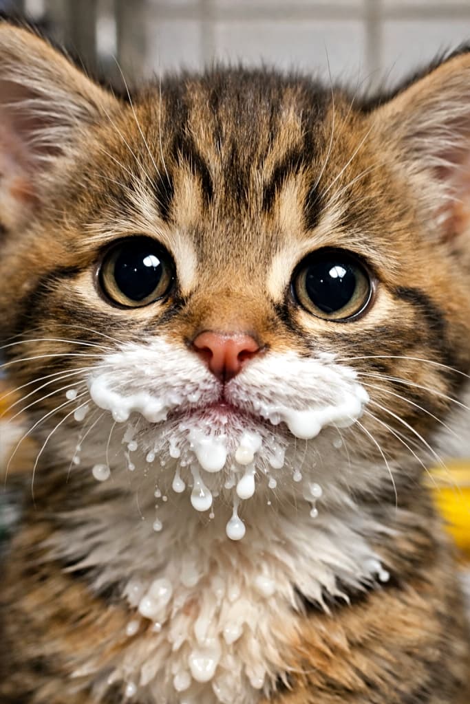 「やった証拠はあるのに本人は完全にシラを切っている」Extreme close-up of a kitten’s face with a white milk mustache around its mouth and milk drops on its chin, staring at the camera with an innocent expression in a kitchen setting. 口の周りに白いミルクのひげをつけ、あごにミルクのしずくを残した子猫の顔の極端なアップ。キッチンを背景に、何もしていないかのような無邪気な表情でカメラを見つめている