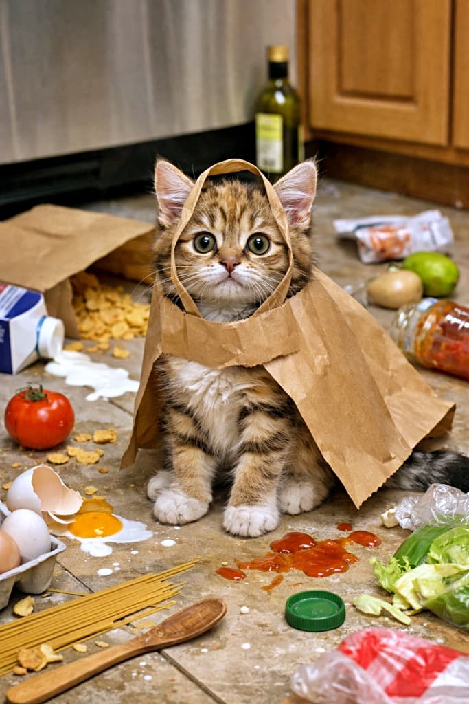 A confused kitten sitting on a kitchen floor, with its head caught through the handle of a paper grocery bag, wearing the bag like a cape while spilled groceries scatter around. 紙製の買い物袋の持ち手に頭を通してしまい、マントのように袋を背負った状態で困惑した表情を浮かべる子猫。キッチンの床には食材が散乱している