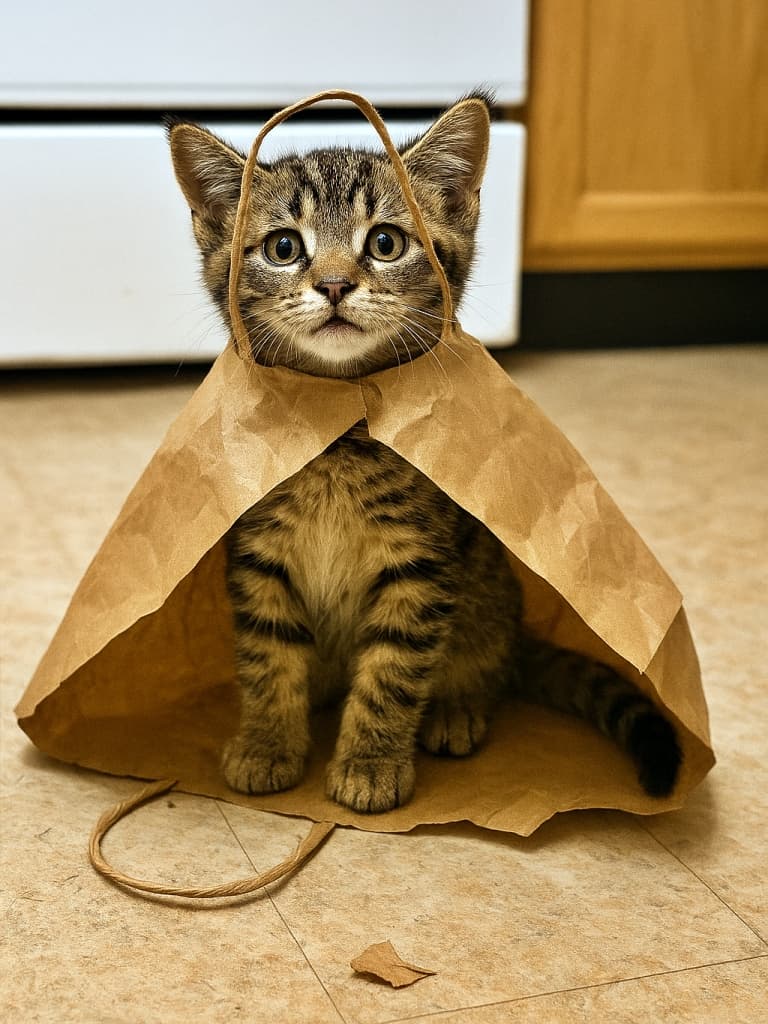 「紙袋マントで大混乱!かわいい困り顔にキュン♡」A tabby kitten with greenish-yellow eyes sits on a beige kitchen floor, tangled in a crumpled brown paper grocery bag. Its head pokes through the twisted handle loop, making the bag drape like a cape. The kitten gazes upward with a puzzled, “how do I take this off?” look. 緑がかった黄色い瞳のトラ柄子猫が、ベージュのキッチン床で茶色の紙袋に絡まり座っています。頭がねじれた持ち手の輪から突き出ていて、袋がマントのように垂れ下がっています。子猫は「どうやって外すの?」と困惑した表情で上を見上げています