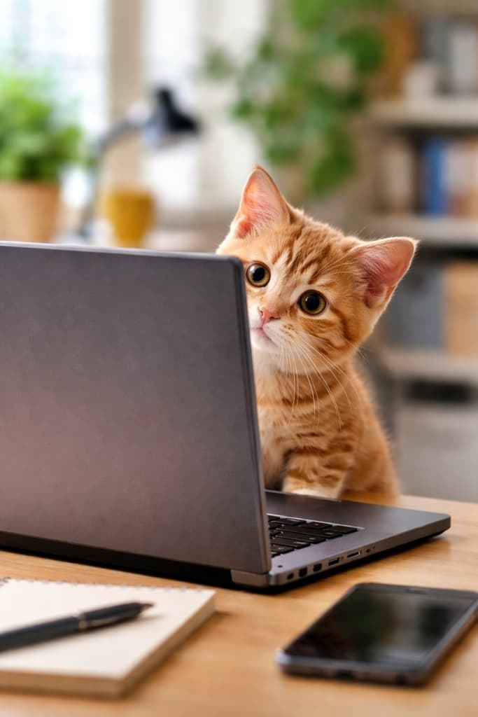 A curious orange kitten peering from behind a laptop screen, tilting its head with a puzzled expression as if searching for the missing mouse cursor, sitting on a home office desk with a softly blurred background. ノートパソコンの画面の裏をのぞき込み、消えたマウスカーソルを探しているかのように首をかしげる、困惑した表情の茶トラの子猫。自宅のデスク上で、背景はやわらかくぼけている