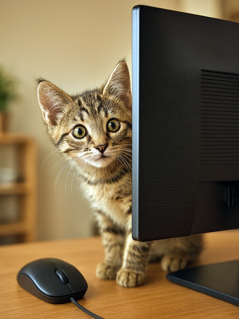 「カーソルどこ行ったの?モニターの裏まで探しちゃう好奇心いっぱいの子猫!」A photorealistic tabby kitten with greenish-yellow eyes peers curiously behind a black laptop monitor on a wooden desk, puzzled by the missing cursor. Its ears are perked, whiskers extended, and the shallow depth of field highlights the kitten’s expression against a softly blurred home office background. 茶トラ柄の子猫が黒いノートパソコンのモニターの後ろを覗き込み、消えたカーソルを探して不思議そうな表情を浮かべている。木製デスクの上で耳を立て、ひげを伸ばし、背景は浅い被写界深度で柔らかくぼかされ、子猫の好奇心が際立っている