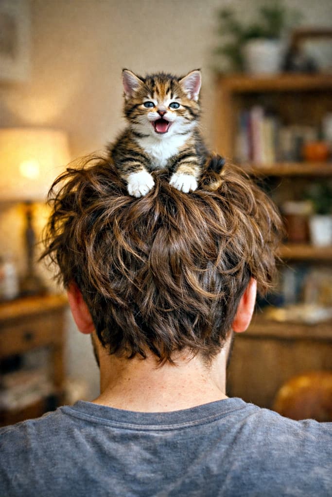 A tiny kitten perched triumphantly on top of a person’s messy hair like a nest, kneading the hair with its paws, viewed from behind in a warm, cozy home setting. 人物の後ろ姿の頭の上に、巣のようにちょこんと座った子猫が前足で髪をこねながら得意げな表情をしている、温かみのある室内の光景