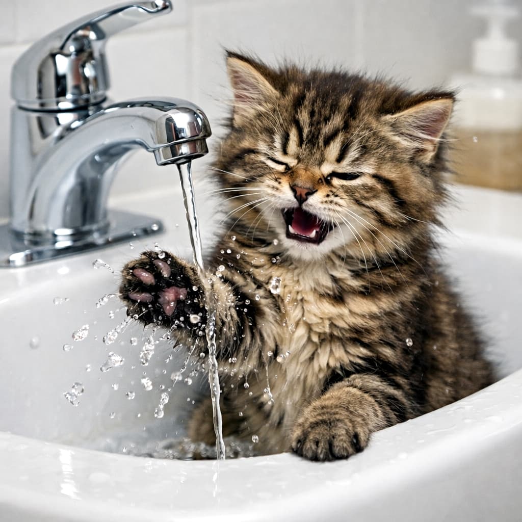 A funny tabby kitten sitting in a white bathroom sink, swatting at a thin stream of water from the faucet, getting its paw wet and shaking it off with a disgusted expression as water droplets splash. 白い洗面台のシンクに座った子猫が、蛇口から流れる細い水に前足でちょっかいを出し、濡れた肉球を嫌そうな表情で振り払って水しぶきを飛ばしている様子