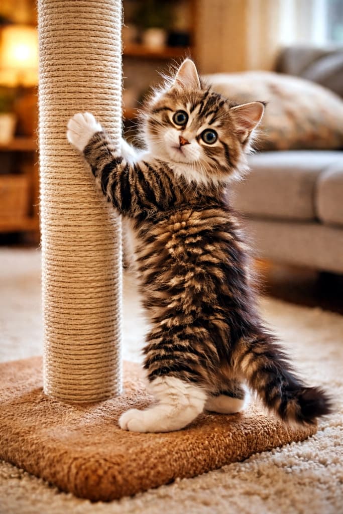A fluffy tabby kitten standing on its hind legs scratching a vertical scratching post, pausing mid-scratch to look back over its shoulder at the camera with wide eyes in a cozy indoor room. 室内の居心地のよい空間で、縦型の爪とぎを後ろ足で立って引っかいていた子猫が、途中で動きを止め、驚いたように大きな目で振り返ってカメラを見る様子
