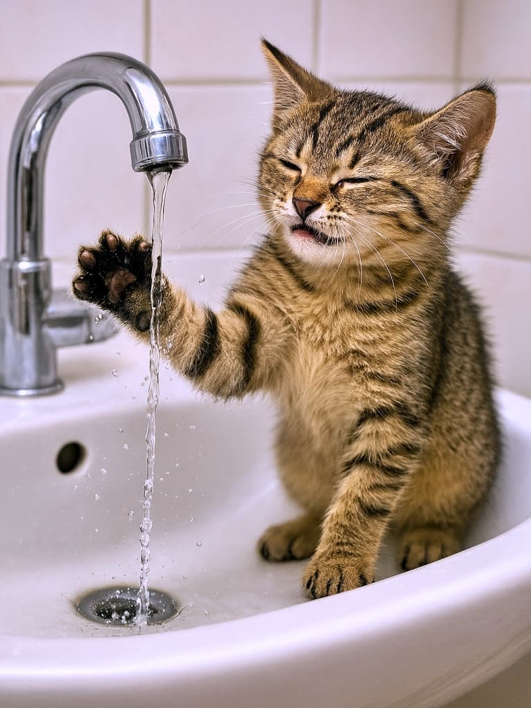 「「ちょっと!冷たいじゃない!」とばかりに水を振り払う子猫のリアクションが最高にかわいい」a tabby kitten sits in a glossy white porcelain bathroom sink, swatting at a thin stream of water from a chrome faucet. its paw gets wet, and the kitten shakes it off with a disgusted face, splashing droplets mid-air. 白い光沢のある洗面台のシンクに座るトラ猫の子猫が、銀色の蛇口から流れる細い水を叩いている。濡れた前足を嫌そうな顔で振り払い、水滴が飛び散っている