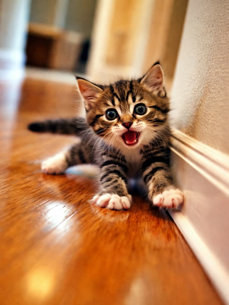 A kitten sliding sideways on a polished wooden floor while running around a corner, paws scrambling for grip, captured from a low angle with motion blur and a surprised expression. 磨かれた木の床で角を曲がりきれず、横滑りしながら必死に踏ん張る子猫をローアングルで捉えた一瞬。スピードに驚いた表情と動きのブレが印象的