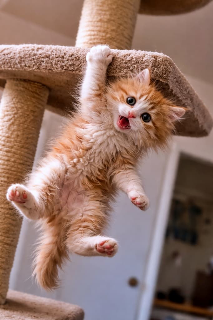 A kitten slipping off a cat tower platform, hanging by one paw with a panicked expression, body awkwardly dangling in midair. キャットタワーの台から滑り落ち、片方の前足だけで必死にしがみつきながら、驚いた表情で宙ぶらりんになっている子猫