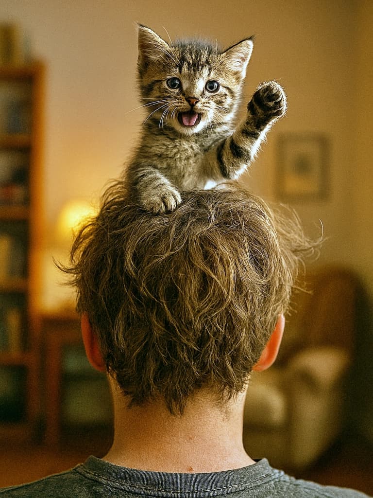 「この頭、ぼくの王国!勝利のモフモフポーズで今日も支配中♡」Rear view of a person's head with messy hair, a tiny tabby kitten perched on top, kneading the hair with its paws and raising one paw triumphantly in a cozy, warmly lit home. 乱れた髪の人の後ろ姿。頭の上に乗った小さなトラ猫の子猫が毛をこねながら片方の前足を勝ち誇ったように掲げている。暖かい照明の家庭的な室内