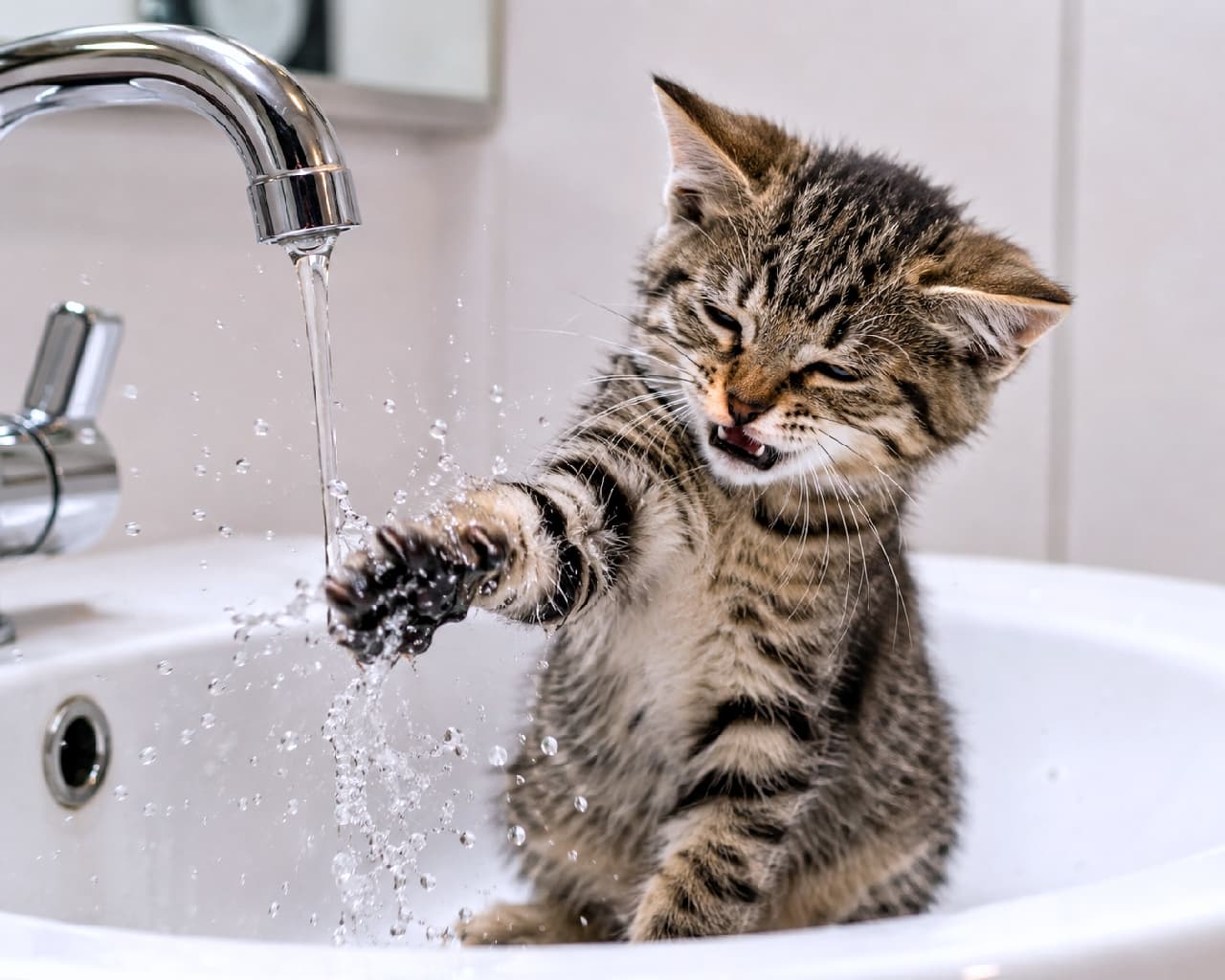 「おりゃー!🐾 蛇口から出てくる謎の敵に渾身のネコパンチ炸裂!💦 水しぶきに目を細める必死すぎるお顔が最高ですね😹 #水遊び猫 #ネコパンチ #子猫のいる生活」Ultra-realistic high-quality photograph of a playful short-haired tabby kitten inside a clean white sink, aggressively batting at a stream of water from a chrome faucet with its left paw. The dynamic water splashes and the kitten's intense, squinting expression with an open mouth are captured in sharp, high-speed detail. 真っ白な洗面ボウルの中で、シルバーの蛇口から流れ落ちる水に左前足で勢いよく「ネコパンチ」を繰り出すキジトラの短毛種の子猫。激しく弾け飛ぶ水しぶきと、思わず目をギュッと細めて口を大きく開けた「やめてー!」と言わんばかりの必死な表情が高画質で捉えられています。濡れた被毛の質感や、しぶきの躍動感がダイナミックな情景