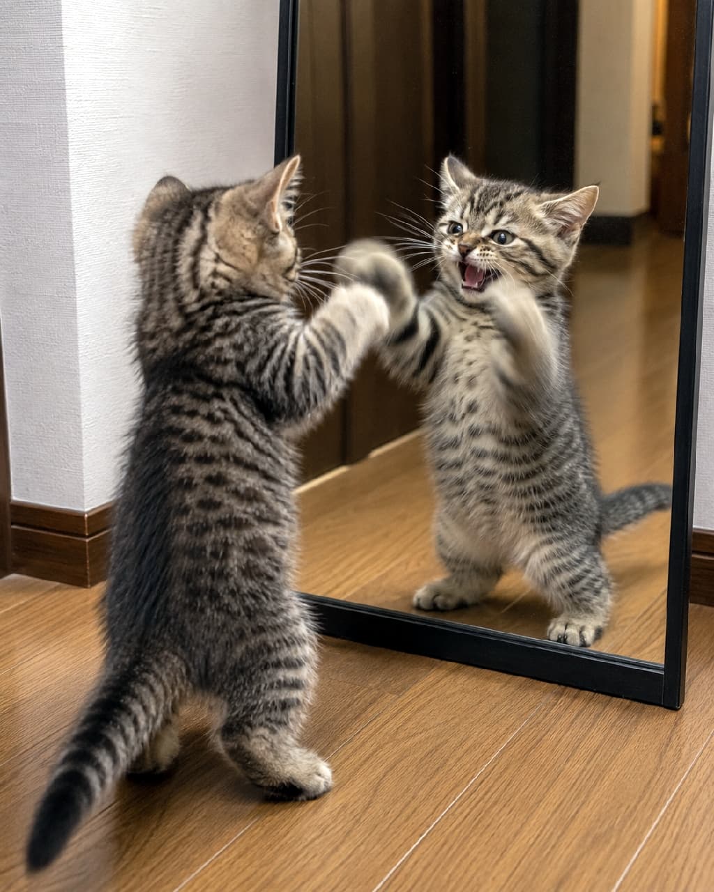 「鏡の自分に「やんのかステップ」!?🐾 負けず嫌いな姿が可愛すぎる😂 #子猫の遊び #キジトラ #子猫のいる生活」Ultra-realistic high-quality photograph of a playful tabby kitten standing on its hind legs, raising its front paws and opening its mouth at its reflection in a full-length mirror on a wooden floor. 姿見に映る自分に向かって、後ろ足で立ち上がり両前足を広げて威嚇するキジトラ子猫。大きく開いた口と丸い瞳が印象的。フローリングの廊下に反射する姿も克明に描かれた、ユーモラスな一コマ