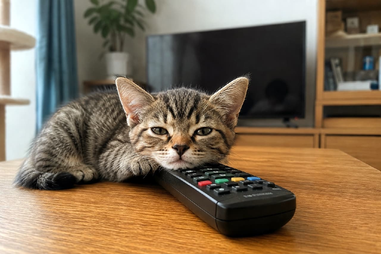 「今日の番組は私が決めるニャ📺 リモコンを枕にウトウトする姿にメロメロです💕 #猫とテレビ #お昼寝猫 #キジトラ #子猫のいる生活」Ultra-realistic high-quality photograph of a relaxed tabby kitten resting its chin on a black TV remote control on a wooden table, with sleepy, half-open eyes, in a bright living room setting. 木製テーブルの上で、黒いテレビリモコンに顎を乗せてくつろぐキジトラ子猫。とろんとした眠そうな半開きの目が愛らしいです。背景にはテレビやキャットタワーがあり、穏やかな日常の光が差し込んでいます