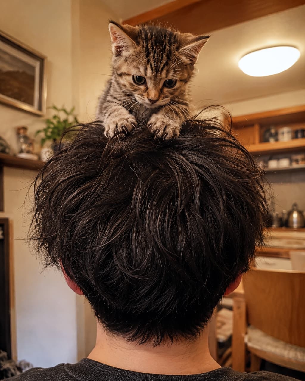 「そこが一番落ち着くの?😹 ご主人様の頭頂部を完全制覇したおチビちゃん👑✨ #猫の特等席 #子猫あるある #キジトラ #子猫のいる生活」Ultra-realistic high-quality photograph of a tiny tabby kitten sitting on top of a person's head, gripping the dark hair with its small paws, looking down in a cozy, warm-lit dining room. 男性の黒髪の上にちょこんと乗るキジトラ子猫。小さな前足の爪を少し立て、大きな瞳で下を見つめています。温かみのあるオレンジ色の照明に照らされた、生活感のあるダイニングでの微笑ましい情景