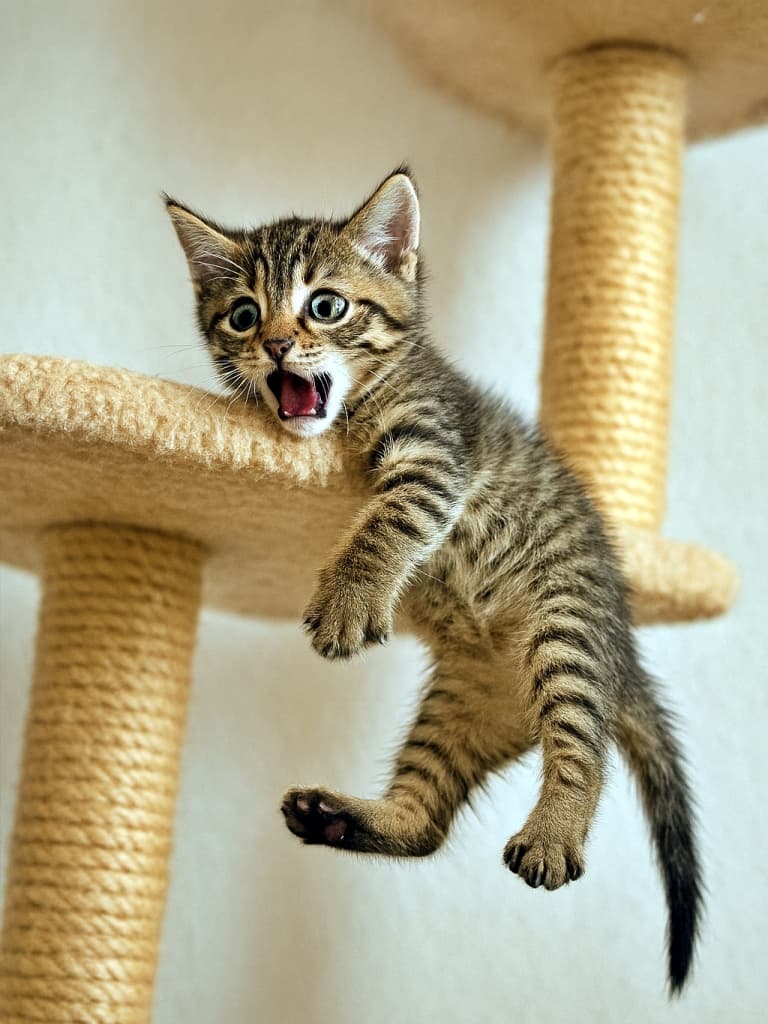 「ちょっ…待ってニャ!落ちる寸前の大ピンチ、必死の片手ぶらさがり!」A tabby kitten with wide eyes and open mouth clings to the edge of a cat tower platform, one paw gripping tightly while the rest of its body dangles midair in a comical panic. タビー柄の子猫がキャットタワーの端に必死でしがみつき、片方の前足だけでぶら下がりながら、驚いた顔で下を見ているユーモラスな瞬間