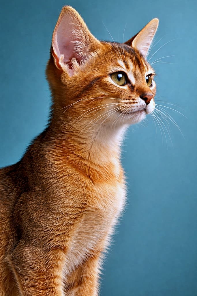 High-resolution close-up side profile of an Abyssinian kitten with ruddy fur, elegant posture, sharp focus, and bright lighting against a plain teal background. 赤褐色の被毛を持つアビシニアンの子猫を横から捉えた高解像度クローズアップ。シャープな横顔と気品ある姿勢が、明るいライティングと無地のティール背景で際立っている